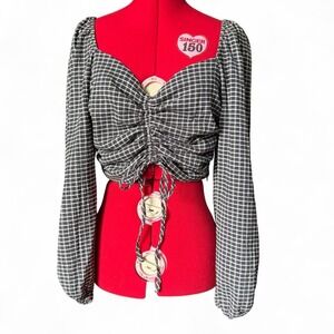 Juniper Blu Plaid Ruched Front Balloon Sleeve Blouse Black White L IMC5886T